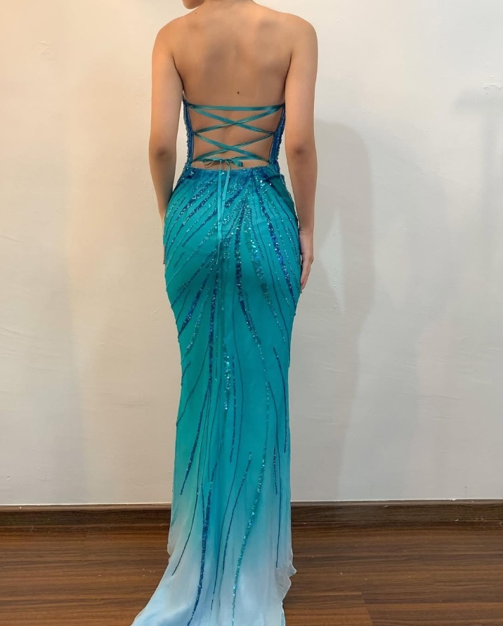 Blaues trägerloses Meerjungfrau-Pailletten-Vintage-Partykleid, DP3987