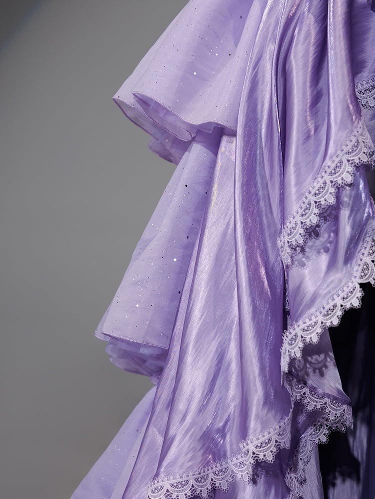 Chic Lavender Tulle Tiered High-Low Evening Gown Lace Trim A-Line Prom Dress DP7870