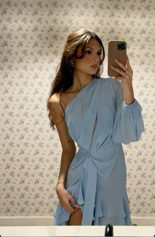 Robe de soirée courte bleu clair en mousseline à une épaule, DP3538