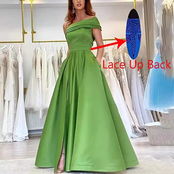 Glamorous Olive Green Satin One-Shoulder Gown A-Line High Slit Evening Dress DP8110
