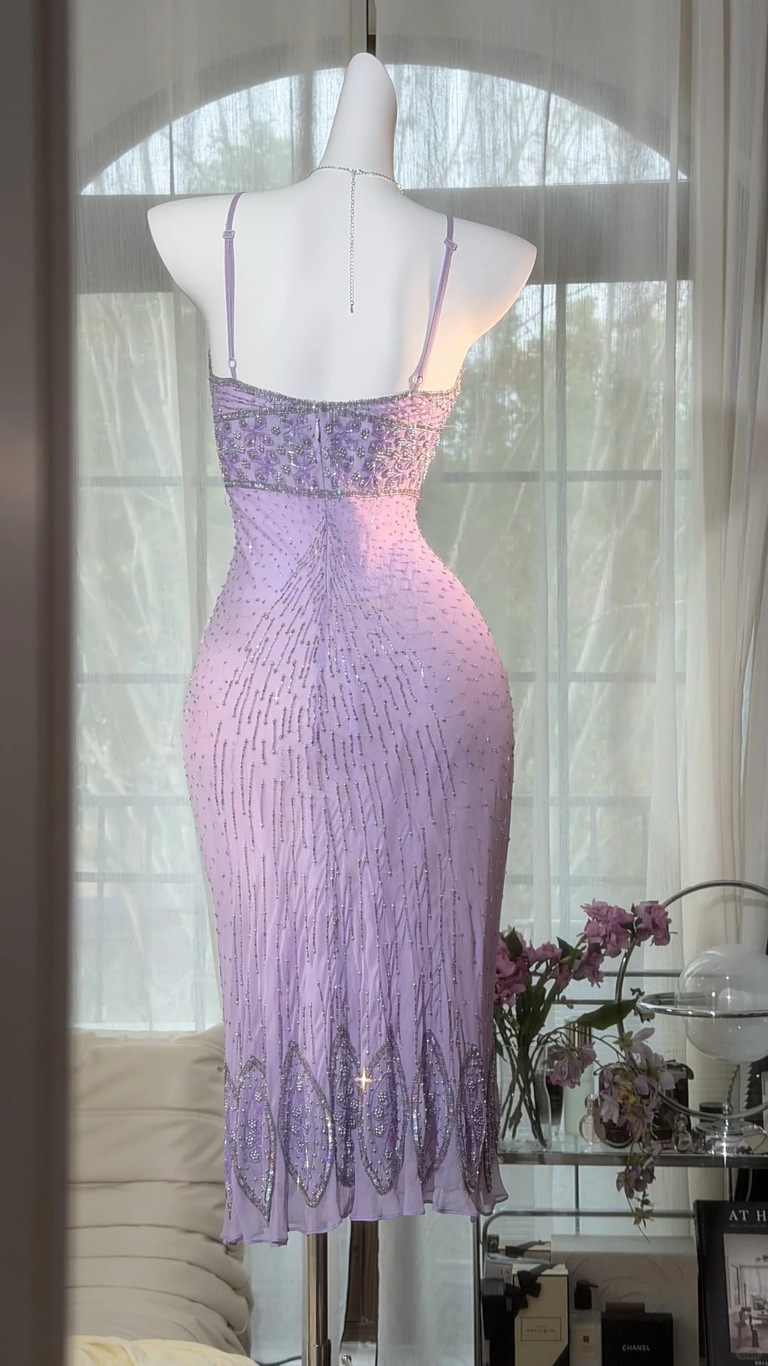 Cute Lavender Beaded Spaghetti Strap Midi Homecoming Dress Party Dress DP8120