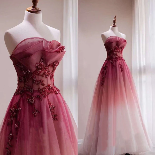Gradient Strapless A-Line Beading Long Formal Party Dress, DP3642