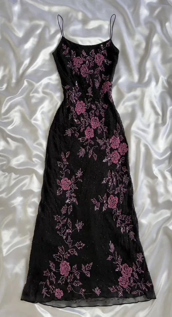 Retro Floral Exquisite Bestickte Spaghettiträger A-Linie Ballkleid Partykleid Abendkleid DP6470