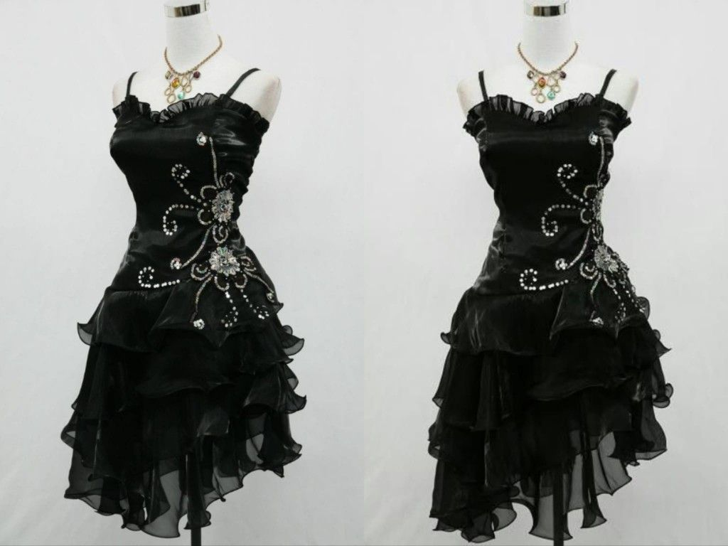 Vintage Black Straps Beaded Evening Dress Ruffled Homecoming Dress, DP2291