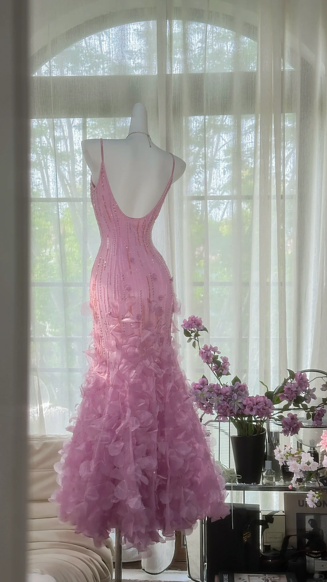 Vintage Shiny Sequin Hot Pink Spaghetti Strap Mermaid Chiffon Prom Dress Evening Dress DP6364