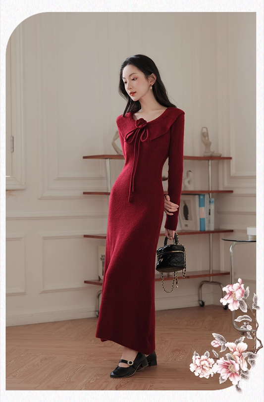 Vintage Burgundy Sheath Prom Dress Long-sleeve Evening Dress Knit Long Formal Dress DP6701
