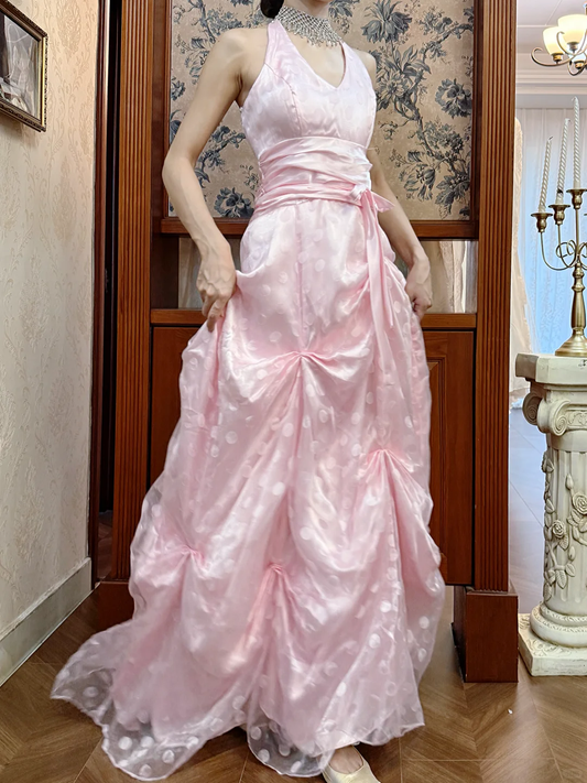 Robe de bal rose à pois, col halter et ceinture, pour Sweet 16 ou Quinceañera DP7945