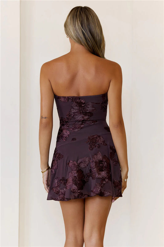Elegant Purple Strapless Tube Mini Dress 3D Floral Applique A-Line Homecoming Dress DP8733