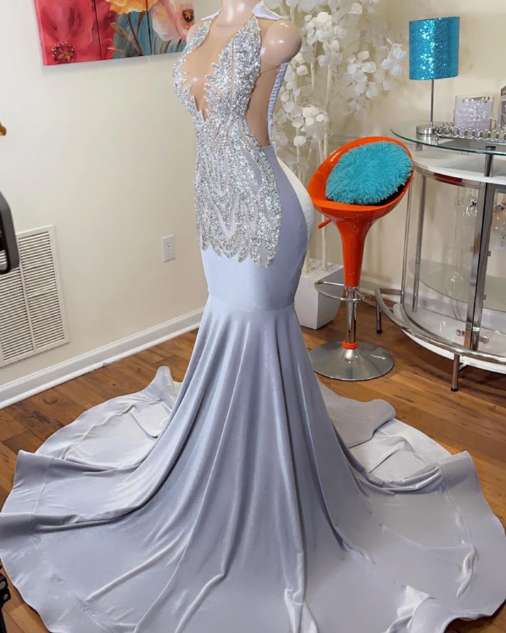 Sexy Meerjungfrau Luxus Perlen Schwarz Mädchen Silber Prom Party Abendkleider, DP2380