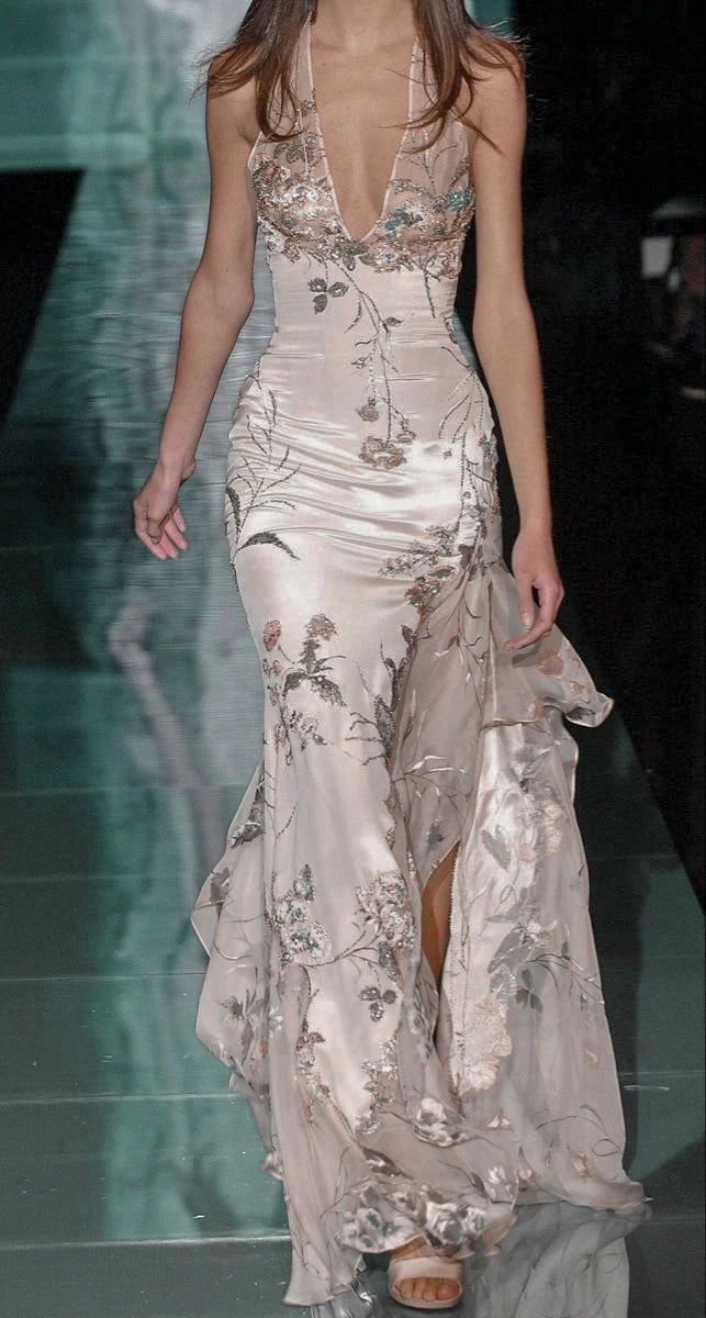 Vintage Floral Sheath Prom Dress Long Halter-neck Evening Dress Chiffon High Slit Formal Dress, DP6590