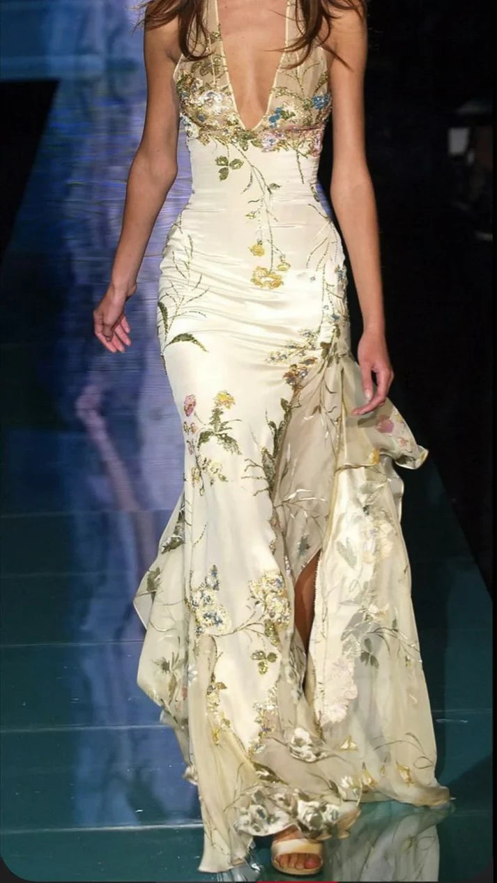 Vintage Floral Sheath Prom Dress Long Halter-neck Evening Dress Chiffon High Slit Formal Dress, DP6590