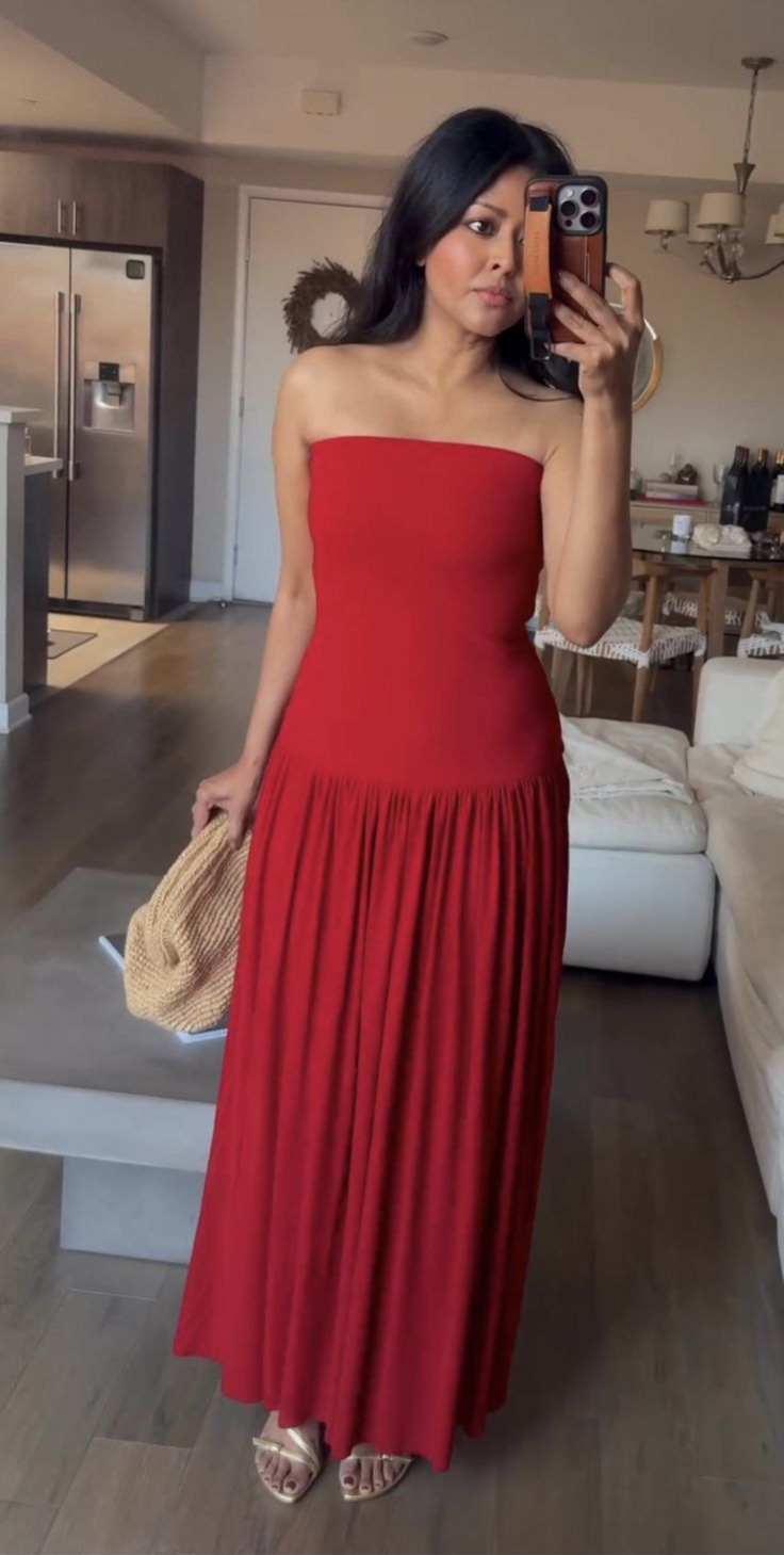 Charming Red Strapless A-Line Long Party Dress Wedding Guest Dress, DP3787