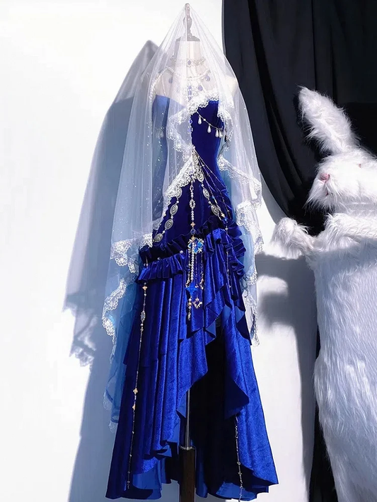 Wunderschönes königsblaues langes Partykleid im Meerjungfrauenstil mit Trägern und Perlenbesatz, DP5022