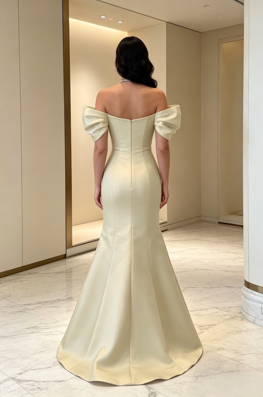 Elegant Off-the-Shoulder Puff Sleeve Satin Mermaid Evening Gown DP8713