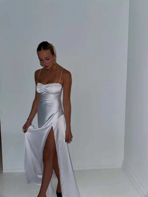 Lilac Spaghetti Straps Satin Simple Party Dress with Slit, DP2187