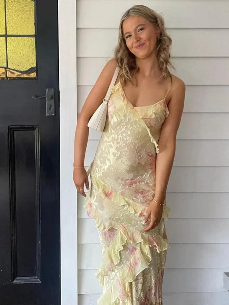 Yellow Spaghetti Straps Ruffle Long Prom Dress with Ruffles,DP1725