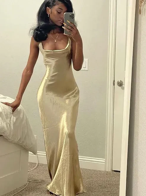 Robe de soirée longue noire à bretelles carrées dorées et dos nu pour fille, DP3704