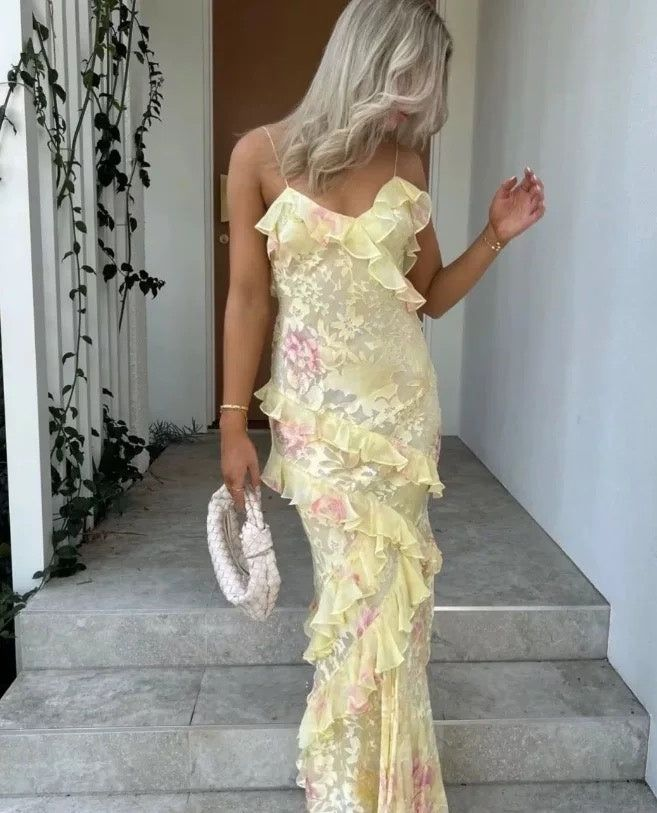 Spaghetti Straps Floral Lace Ruffle Prom Dress Birthday Outfits DP3942