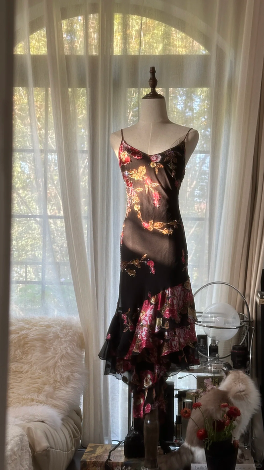 Vintage Black Spaghetti Strap Floral Design Romantic Chiffon Evening Dress Prom Dress DP6014