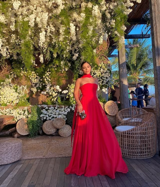 Red Strapless A-Line Unique Long Formal Party Dress Evening Gown, DP3386