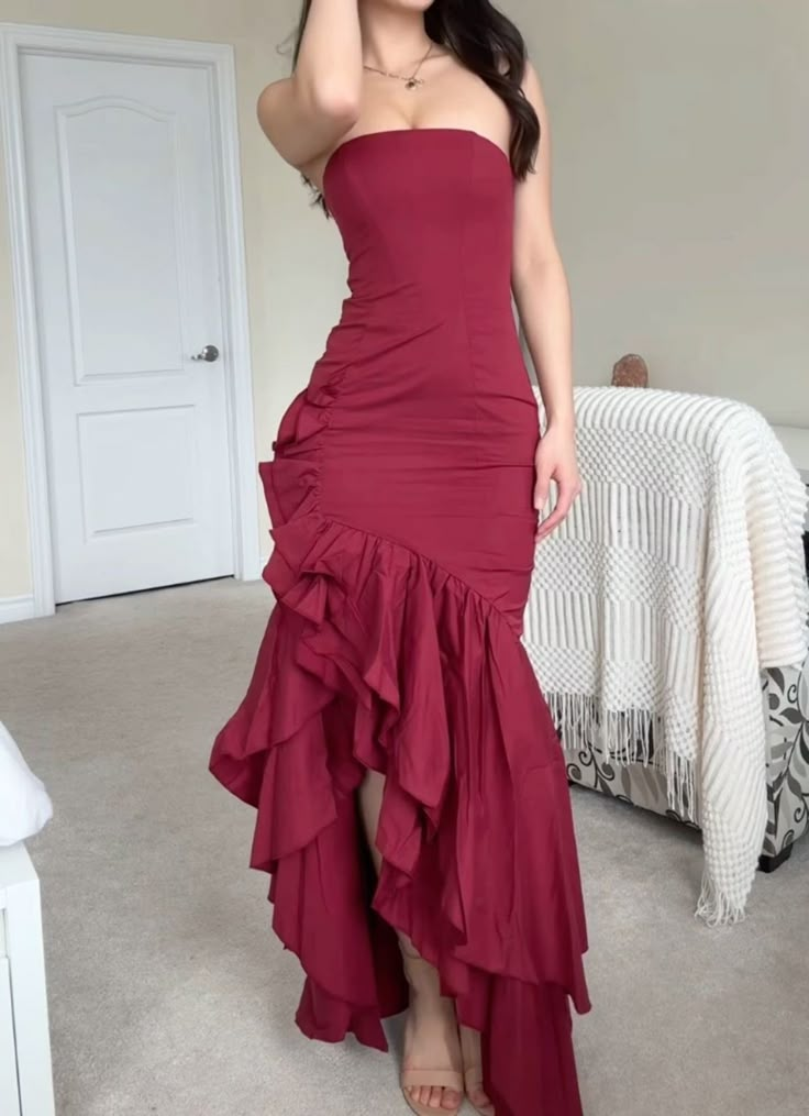 Charming Red Strapless Cascading Ruffle Long Prom Dress, DP2589