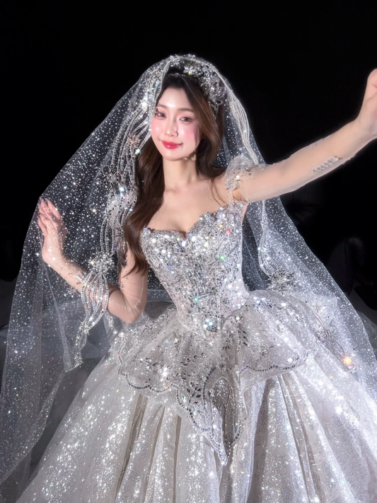 Funkelndes, paillettenbesetztes Brautkleid aus Tüll, A-Linie, trägerlos, DP7128