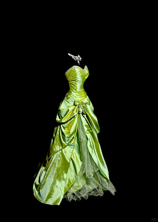 Vintage Lime Green Ombre Satin Sweetheart Neckline Beaded Ruffled Tulle Evening Gown DP7352