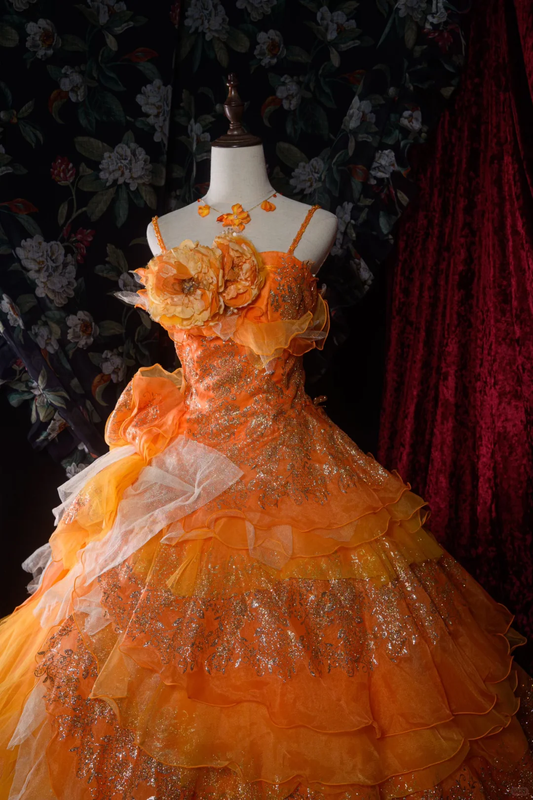 Elegant Orange Detachable Ruffled Tiered Beaded Sweet 16 Quinceanera Ball Gown DP7412