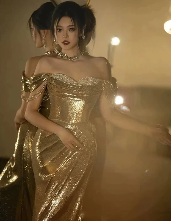 Robe de soirée longue style sirène à paillettes, épaules dénudées, couleur champagne doré, DP5512