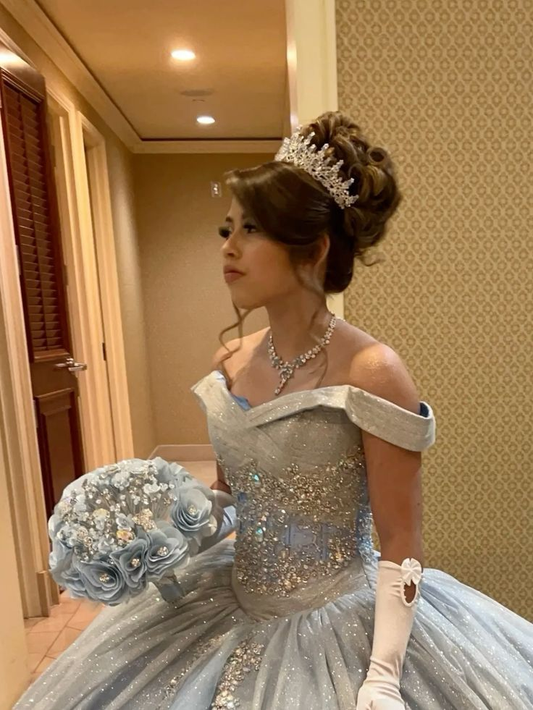Glänzendes hellblaues schulterfreies A-Linien-Tüll-Quinceanera-Kleid, Geburtstagskleid, DP3956