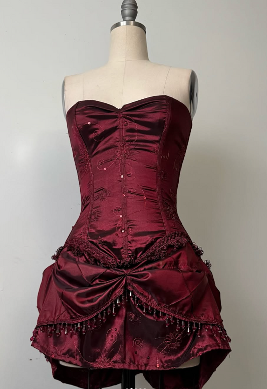 Robe de soirée courte bordeaux bustier en satin à lacets, robe de bal, DP5783