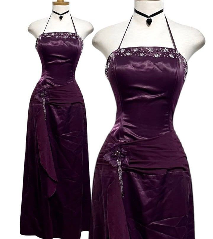 Dark Purple Halter Satin Beading Vintage Formal Party Dress Long Evening Dress, DP4910