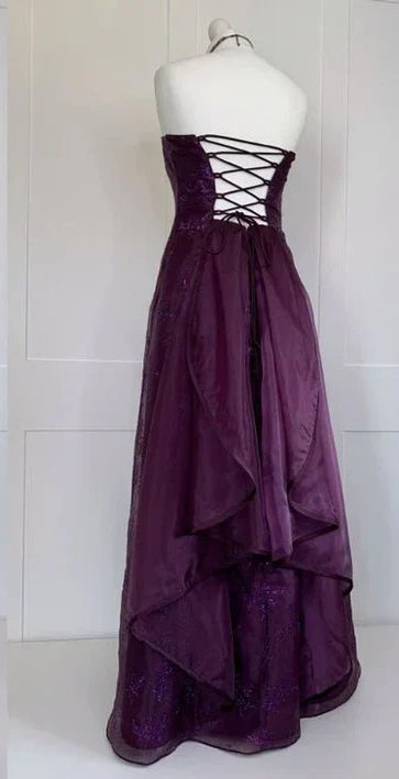 Vintage Purple Applique Prom Dress Lace Evening Gown Strapless Party Dress Long Formal Dress DP6950
