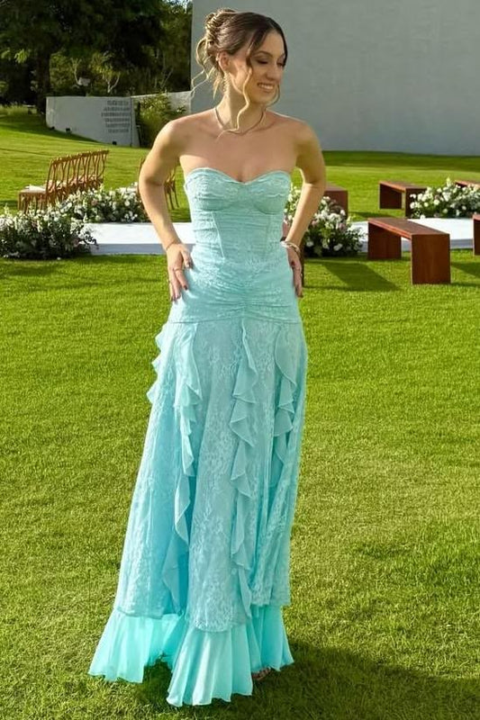 Elegant Mint Green Sweetheart Strapless Corset Bodice Lace Tiered Ruffle Evening Gown DP8470