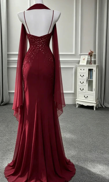 Elegant Burgundy Spaghetti Strap Cowl Neck Chiffon Mermaid Ruffle Evening Gown DP8648