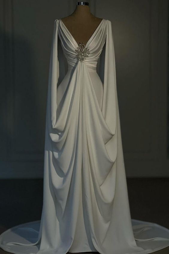 Stunning White V Neck Beading Long Evening Dress Wedding Dress, DP3451