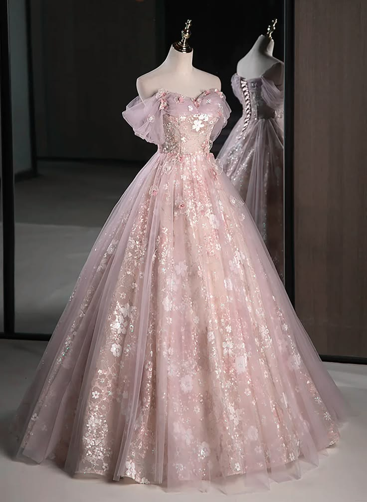 Rosa schulterfreies A-Linien-Maxikleid aus Tüll mit Blumenmuster, langes Ballkleid, DP3616