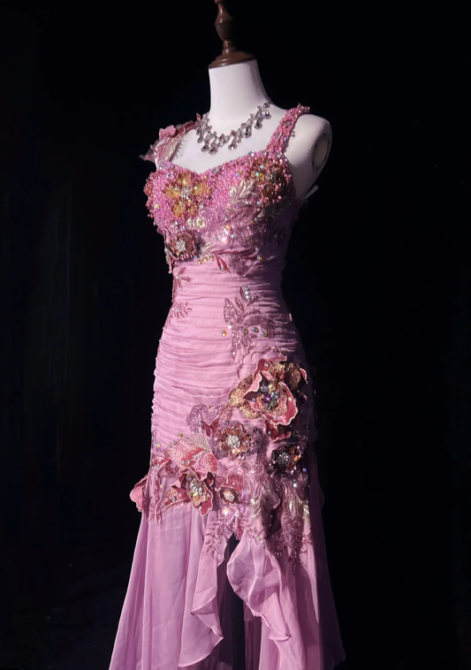 Robe de soirée longue vintage à bretelles roses, fourreau, broderie florale et perles, DP5331