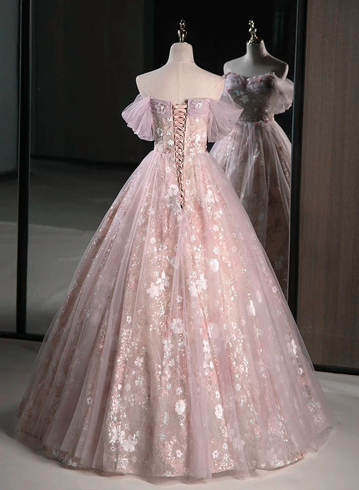 Rosa schulterfreies A-Linien-Maxikleid aus Tüll mit Blumenmuster, langes Ballkleid, DP3616