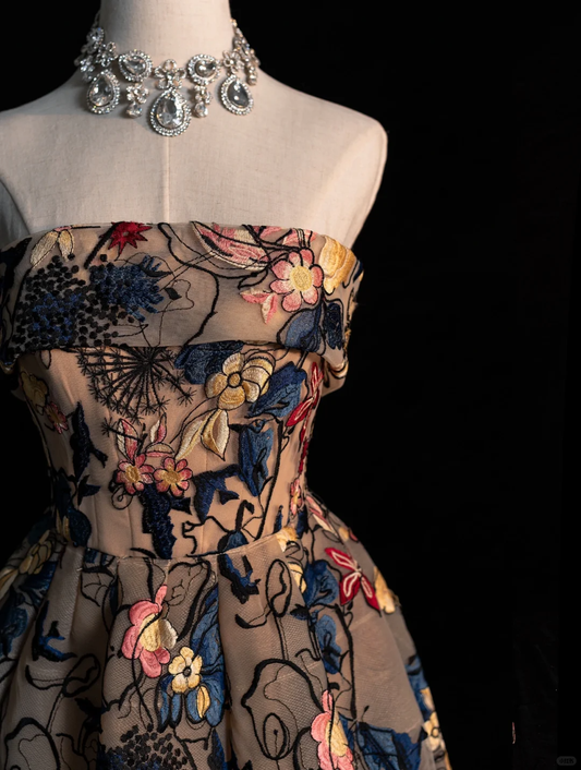 Elegant Strapless A-Line Floral Embroidery Long Formal Evening Party Dresses, DP5229