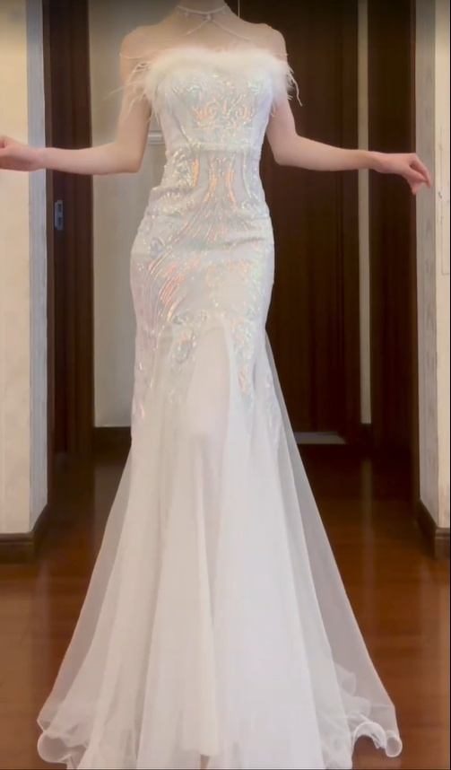 Stunning White Strapless Mermaid Beading Birthday Outfits Evening Dresses, DP5160