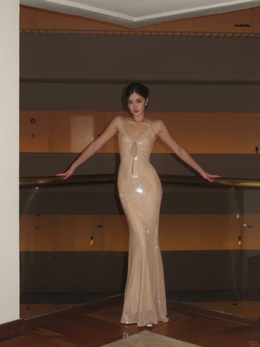 Sexy Champagne V Neck Spaghetti Straps Mermaid Long Evening Party Dress, DP5414