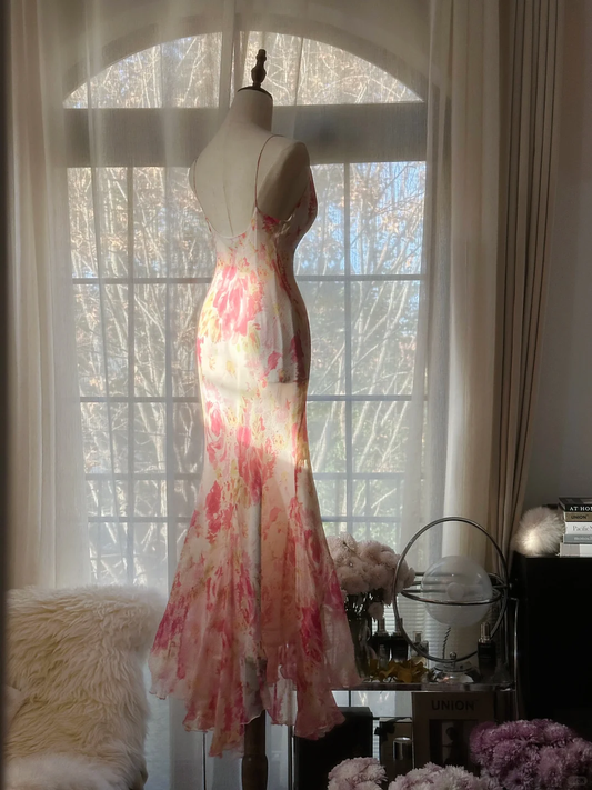 Sexy Pink Straps Mermaid Chiffon Long Party Dress Wedding Guest Dress, DP5281