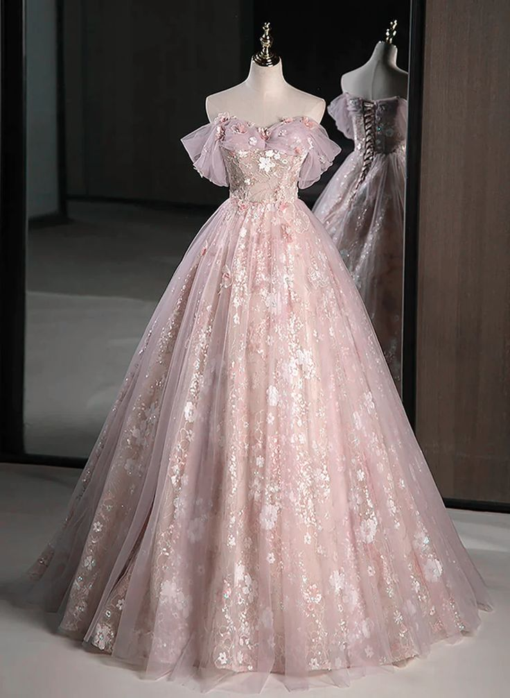 Rosa schulterfreies A-Linien-Maxikleid aus Tüll mit Blumenmuster, langes Ballkleid, DP3616