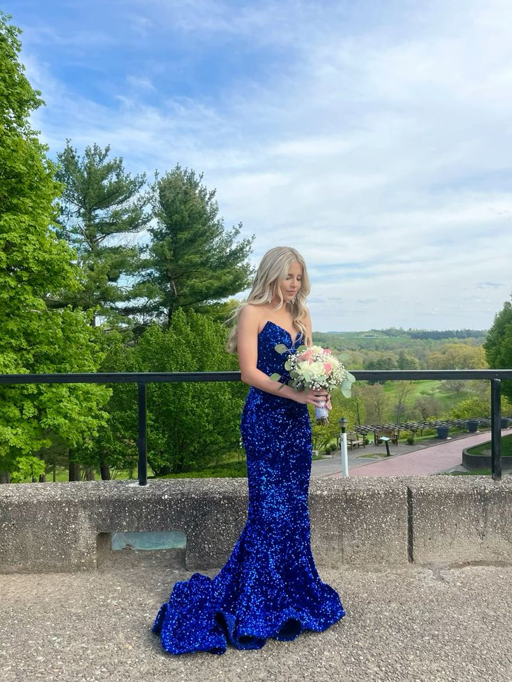 Royal Blue Sweetheart Sequins Mermaid Long Prom Dress Evening Gown, DP3593