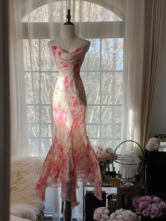 Sexy Pink Straps Mermaid Chiffon Long Party Dress Wedding Guest Dress, DP5281