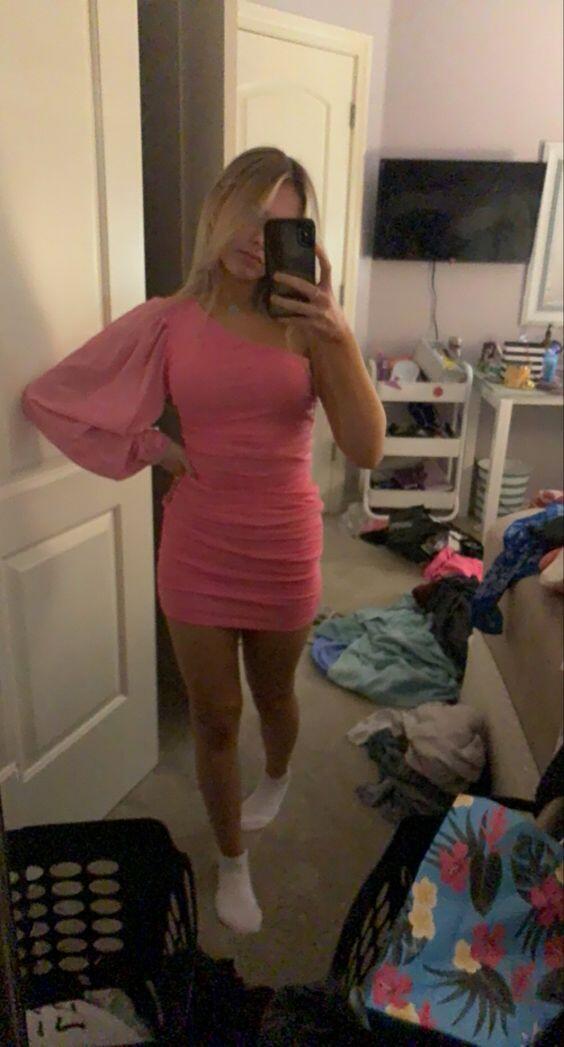 Robe fourreau courte rose à une épaule, robe de soirée, DP3182