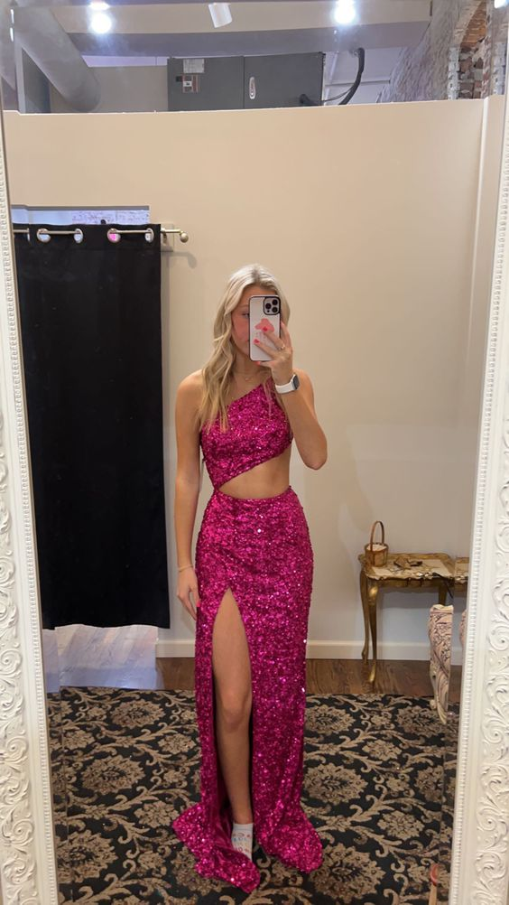 Robe de soirée longue fuchsia moulante asymétrique à sequins, DP3310