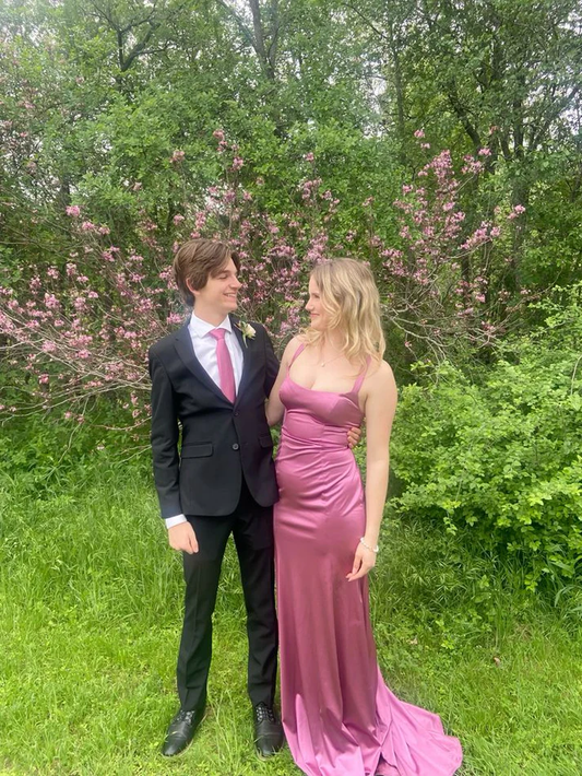 Robe de soirée longue fourreau en satin rose à bretelles spaghetti, élégante, DP3794