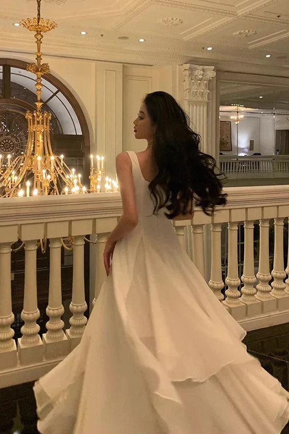 Vintage White Chiffon Long Prom Dress A-Line Ruffle Formal Dress, DP6563
